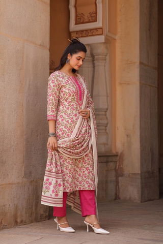 Women Ethnic Motifs Printed Regular Pure Cotton Kurta with Trousers & With Dupatta