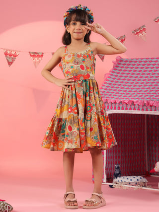 Girls Printed Cotton Knee Length Dress