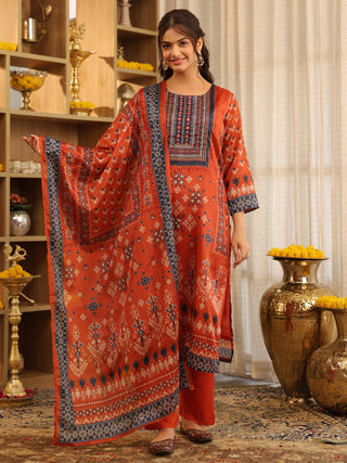 Rust Ikat Print Chanderi Straight Kurta Set