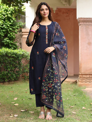 Navy Blue Floral Embroidered 3-Piece Straight Kurta Set