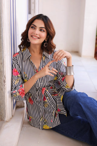 Women Vertical Striped Spread Collar Pure Cotton Casual Shirt