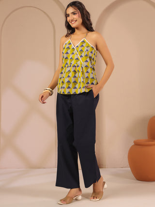 Blue Solid Cotton Trousers with Pockets