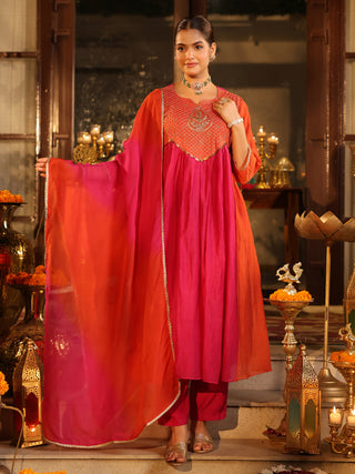 Pink Orange Embroidered Anarkali Kurta Set with Pocket