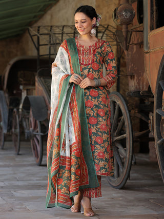 Women Green and Orange Floral Printed Pure Cotton Straight Kurta With Printed Trouser And Printed Dupatta