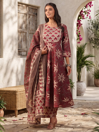 Grey Ethnic Motif Print Fit & Flare 3-Piece Anarkali Kurta Set