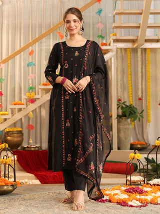 Black Embroidered Poly Silk Straight Kurta Set