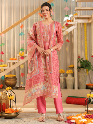 Pink Panel Print Straight Kurta Set with Pant Pocket