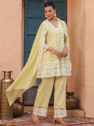 Lime Floral Embroidered Lace 3-Piece Straight Kurta Set