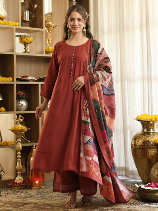Brick Red Chanderi A-Line Kurta Set
