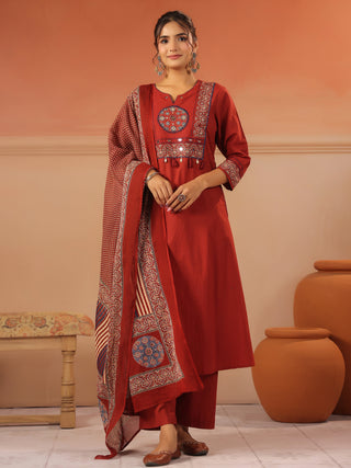 Red cotton solid straight fit kurta set with solid trouser and printed cotton dupatta