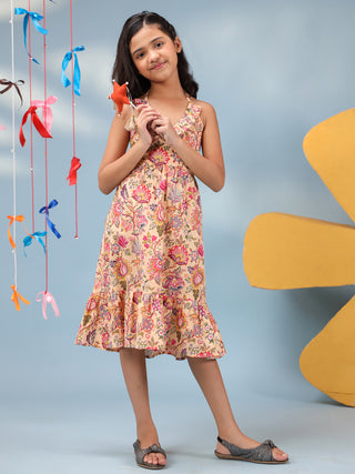 Girls Floral Printed Halter Neck Tiered Fit and Flare Midi Dress