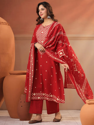 Women Ethnic Motifs Printed Regular Mirror Work Pure Cotton Kurta with Trousers & With Dupatta