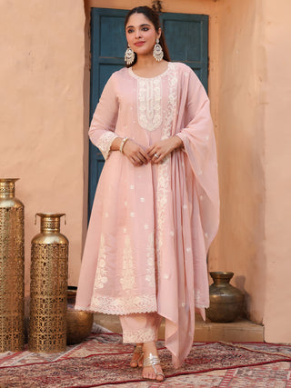 Peach Embroidered Lace 3-Piece Anarkali Kurta Set