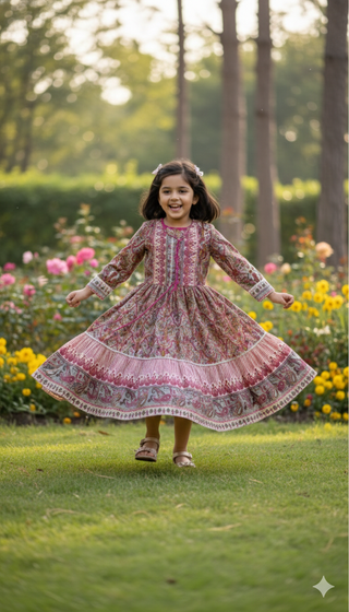 Girls Ethnic Motif Printed Round Neck Fit & Flare Tiered Maxi Ethnic Dress