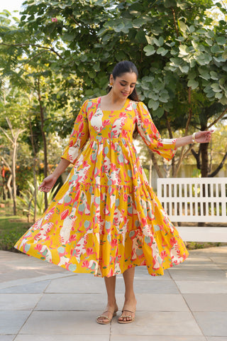 Printed Square Neck Fit and Flare Ethnic Dresses