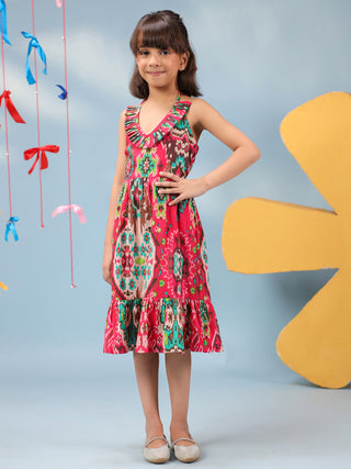 Girls Ethnic Motif Printed V-Neck Fit & Flared Dresses