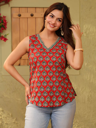Red Printed Cotton Sleeveless Top with V-Neck