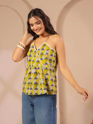 Green Geometric Print Halter Neck Top