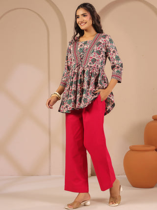 Pink Solid Cotton Trousers with Pockets