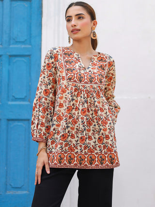 Orange Ethnic Motif Print Lace Top