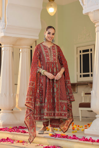 Women Ethnic Motifs Printed Pleated Pure Cotton Kurta with Trousers & With Dupatta
