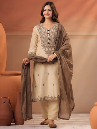 Women Ethnic Motifs Embroidered Regular Thread Work Chanderi Cotton Kurta with Trousers & Dupatta Set