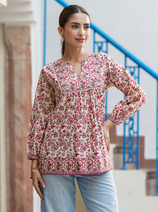 Pink Ethnic Motif Print Lace Top