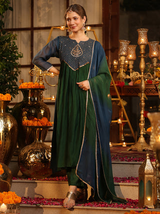Bottle Green Embroidered Anarkali Kurta Set with Pocket
