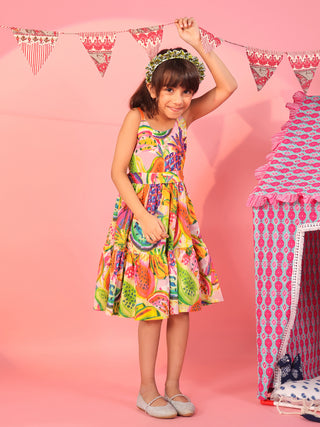 Girls Tropical Printed Sleeveless Cotton Fit and Flare Dress