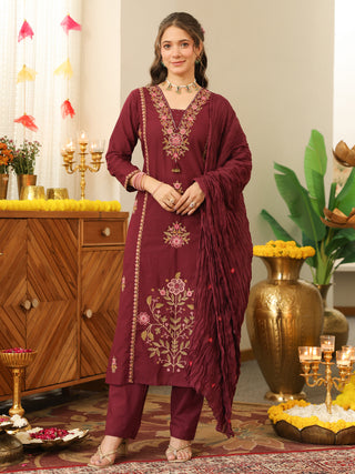 Wine Floral Embroidered Cotton Straight Kurta Set