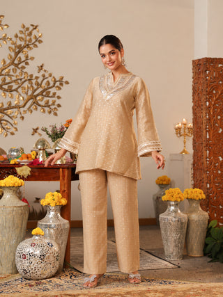 Champagne Beige Woven Butti Tissue Co-Ord Set