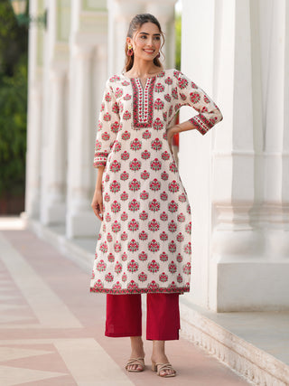 Beige Ethnic Motif Print Lace Kurta