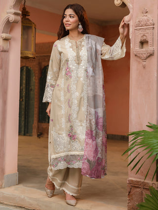 Beige Floral Embroidered 3-Piece Straight Kurta Set