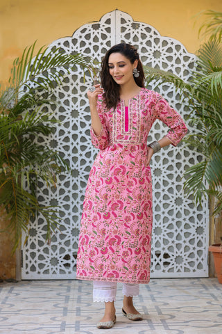 Pink Floral Printed Cotton Straight Kurta for Women