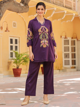 Floral-Embroidered Cotton Tunic With Trouser Co-Ords