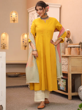 Mustard Solid Lace 3-Piece Kurta Set