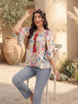 White Paisley Print Rayon Crepe Top