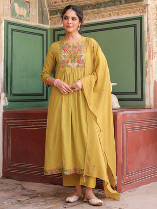 Floral Embroidered Mirror Work Pure Cotton Kurta With Trouser & Dupatta