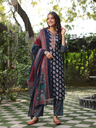 Women Navy Blue Ethnic Printed Cotton Embroidered Straight  Kurta With Printed Trousers and Printed Dupatta