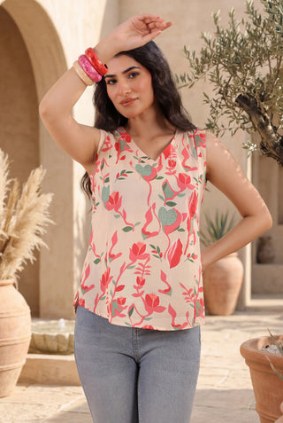 Cream Ethnic Motif Print Katha Work Top