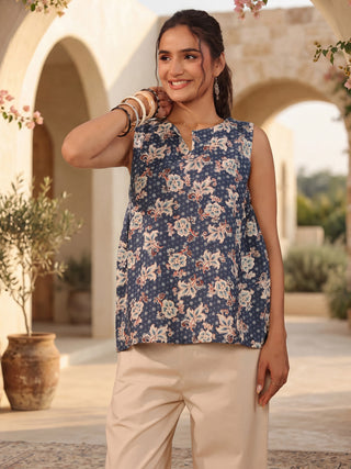 Blue Floral Print Cotton Sleeveless A-Line Top