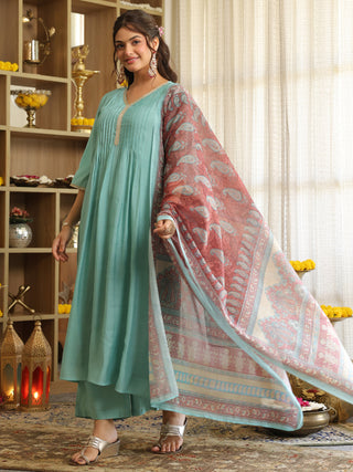 Light Blue Chanderi A-Line Kurta Set with Pocket