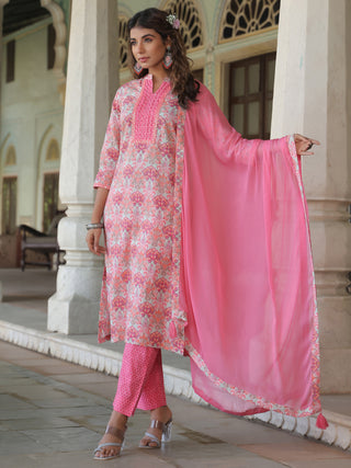 Floral Printed Pure Cotton Kurta with Trousers & Dupatta