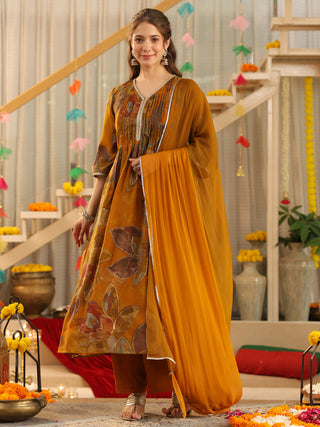 Mustard Floral Chanderi A-Line Kurta Set with Pocket