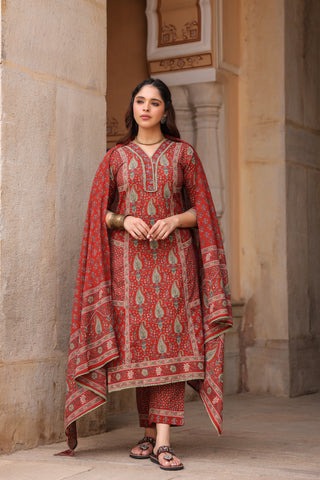 Women Ethnic Motifs Printed Pleated Pure Cotton Kurta with Trousers & With Dupatta