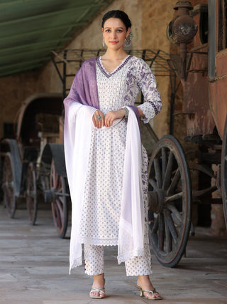 Women white and purple floral mix and match printed A-line kurta with pintuck and embroidery