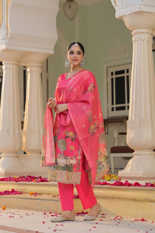 Women Printed Regular Chanderi Cotton Kurta with Trousers & Dupatta