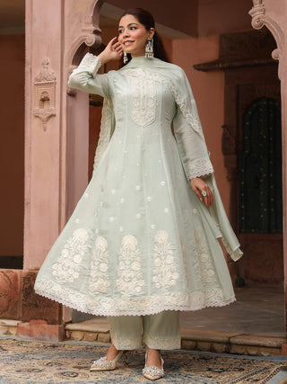 Mint Green Embroidered Lace 3-Piece Anarkali Kurta Set