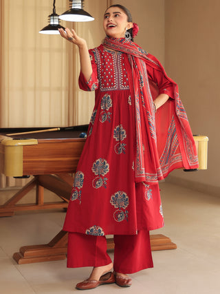 Women Ethnic Motifs Printed Regular Thread Work Pure Cotton Kurta with Trousers & With Dupatta (Copy)