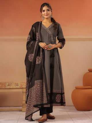 Black cotton chevron printed anarkali kurta set with solid trouser and printed cotton dupatta